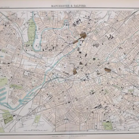 Victorian Antique 1897 Large  Detailed Map Cities of Manchester & Salford.