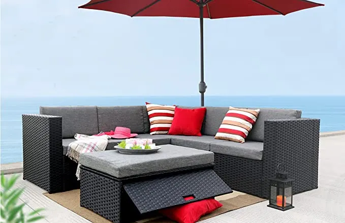 Carfin black wicker corner sofa set with coffee table and storage