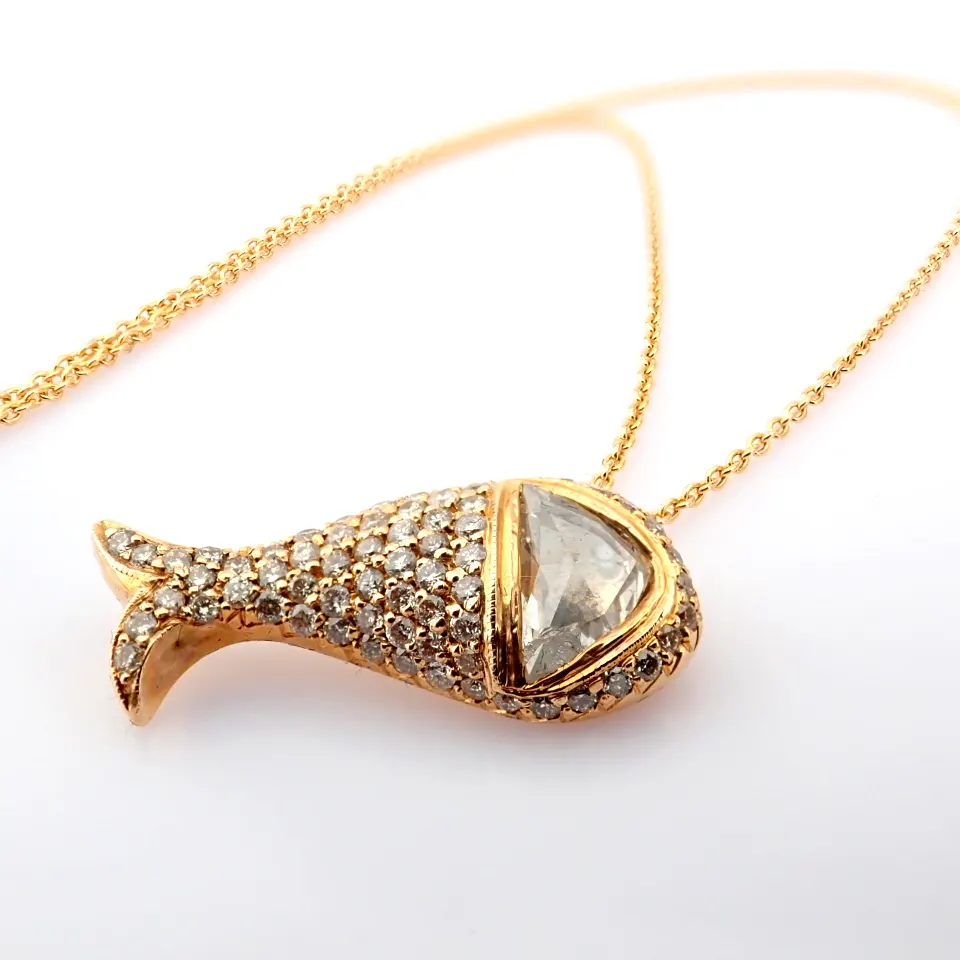 18K Fish Necklace Detailed With Fancy Cut A Slightly Flawed Triangle Diamond, Brilliant Diamonds