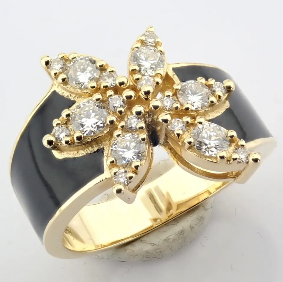 14K Yellow Gold Ring Detailed With Black Laser Enamel and Brilliant Diamonds