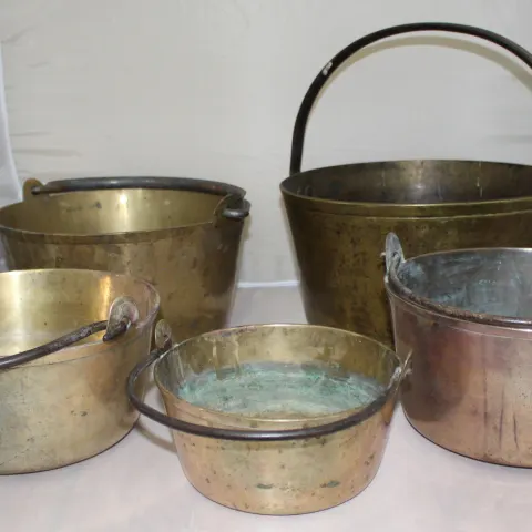 Set of 5 Early Antique English Handled Jam Kettles