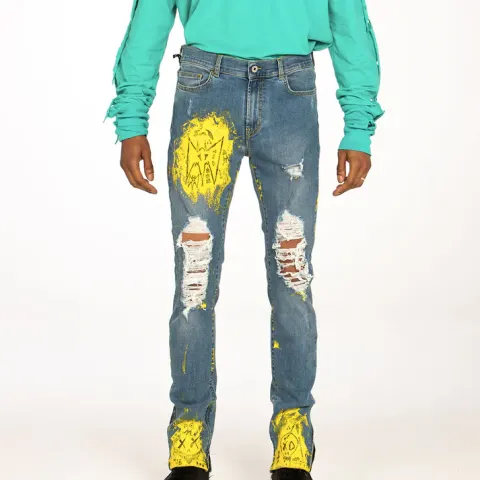 MJB Marc Jaques Burton Denim Street Art Paint Patch Crixus Jeans, Online Price £995, Size 32