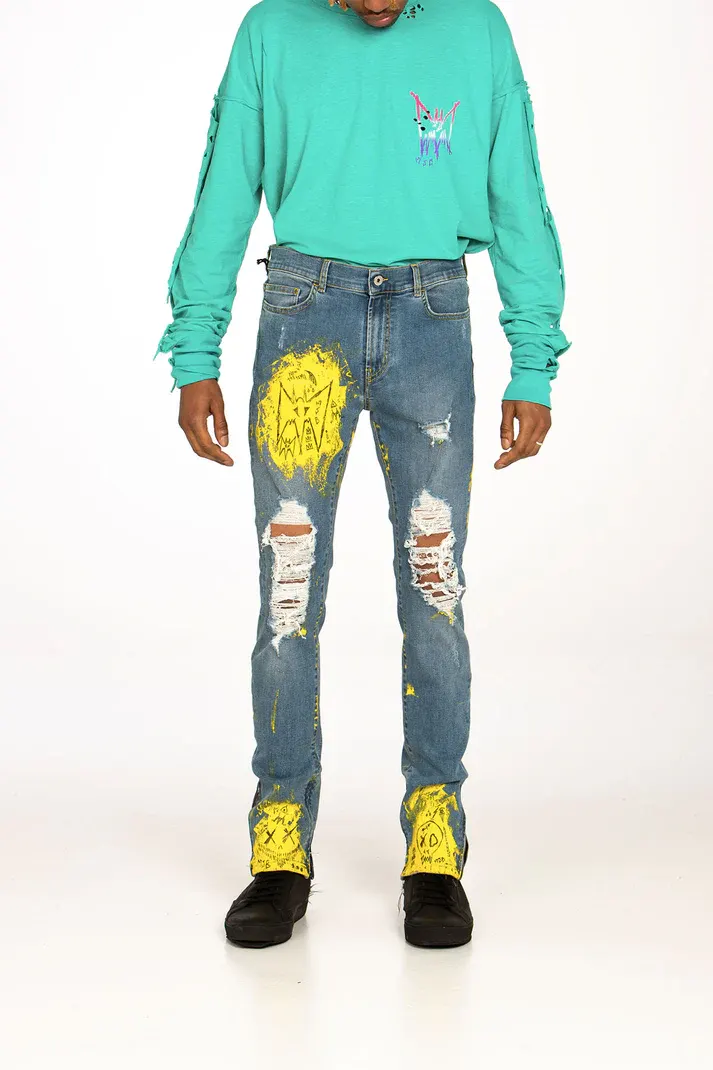 MJB Marc Jaques Burton Denim Street Art Paint Patch Crixus Jeans, Online Price £995, Size 32