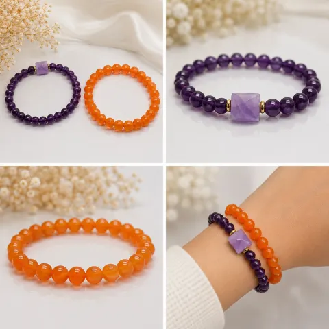 Set of Two Beaded Stretch Bracelets – Purple & Orange
