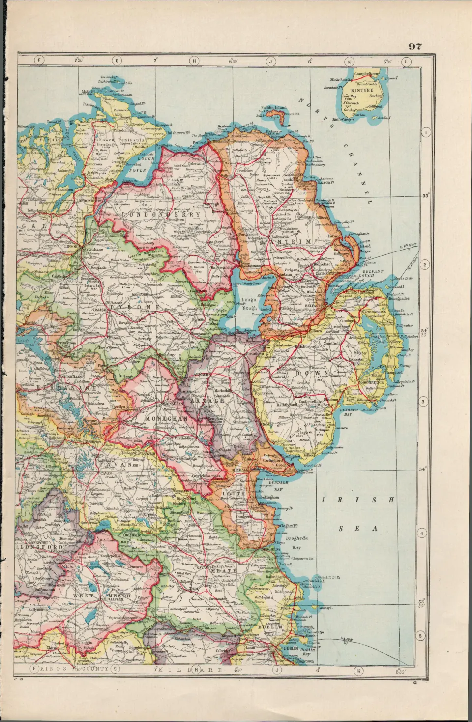 Ireland Dublin Meath Louth Armagh Down Antrim Antique Map-97.