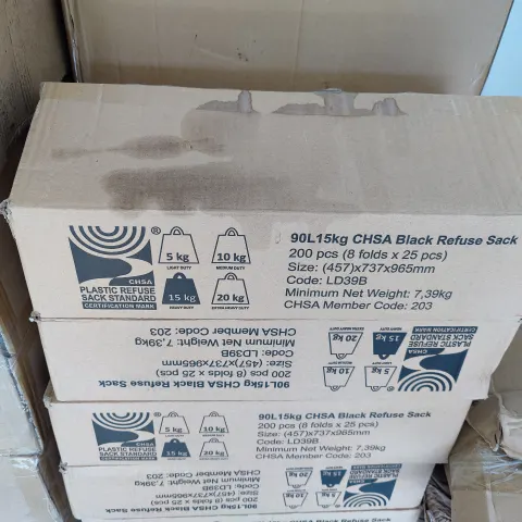 BOX OF 200 90L 15KG HEAVY DUTY BLACK REFUSE SACKS. SIZE: 737X965MM