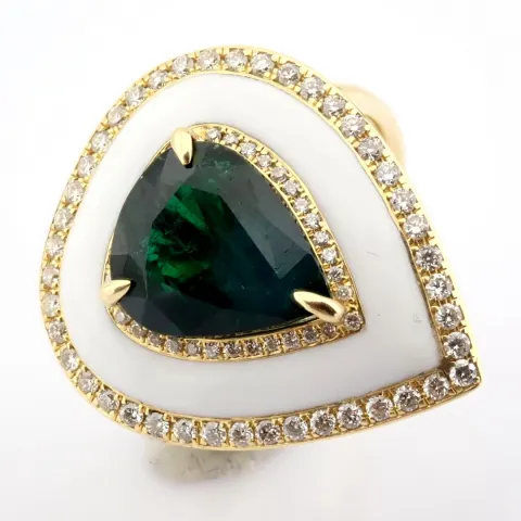 A Luxurious Gold Ring Featuring White Laser Enamel, Elegantly Adorned With Vibrant Emerald and Brill