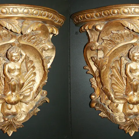 Pair of Gilded Hand Carved Cherubic Wall Brackets