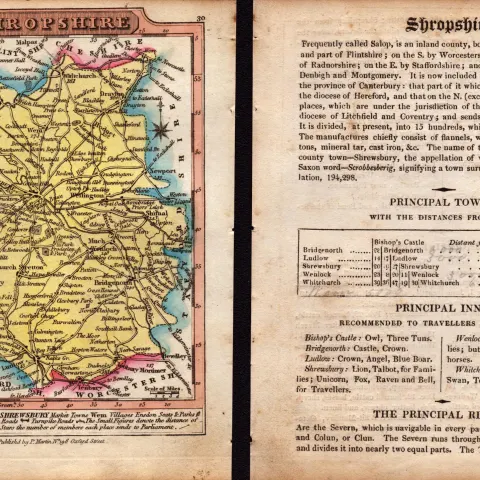 Shropshire Engraved Hand Coloured George IV Antique Map & Text.