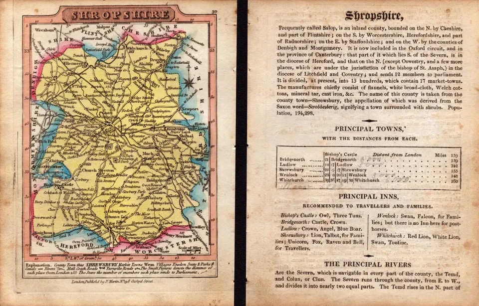 Shropshire Engraved Hand Coloured George IV Antique Map & Text.