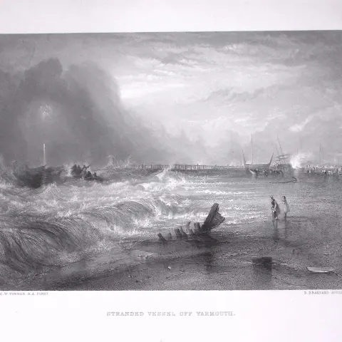 J.M.W Turner Yarmouth Harbour Stranded Vessel Antique Steel Engraving-3-TR