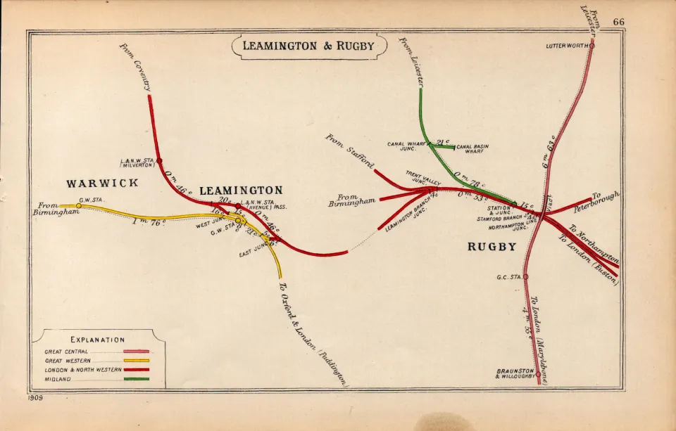 Leamington Spa & Rugby Detailed  Antique Railway Diagram-66.