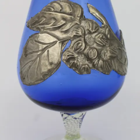 Vintage Blue Glass & Pewter Decorated Goblet