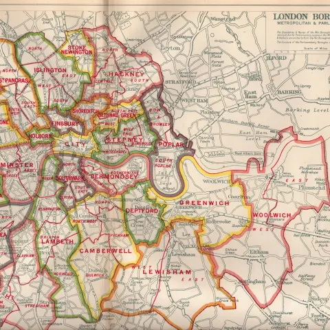 Bacons Vintage 98 Years-Old London Boroughs Coloured Detailed Map.