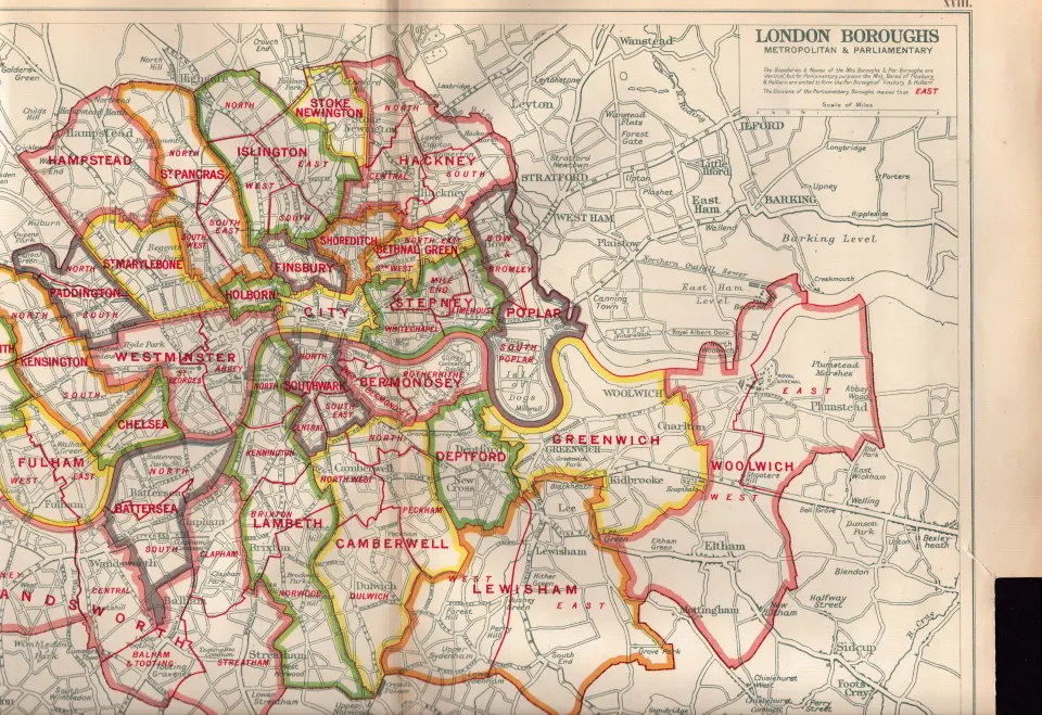 Bacons Vintage 98 Years-Old London Boroughs Coloured Detailed Map.