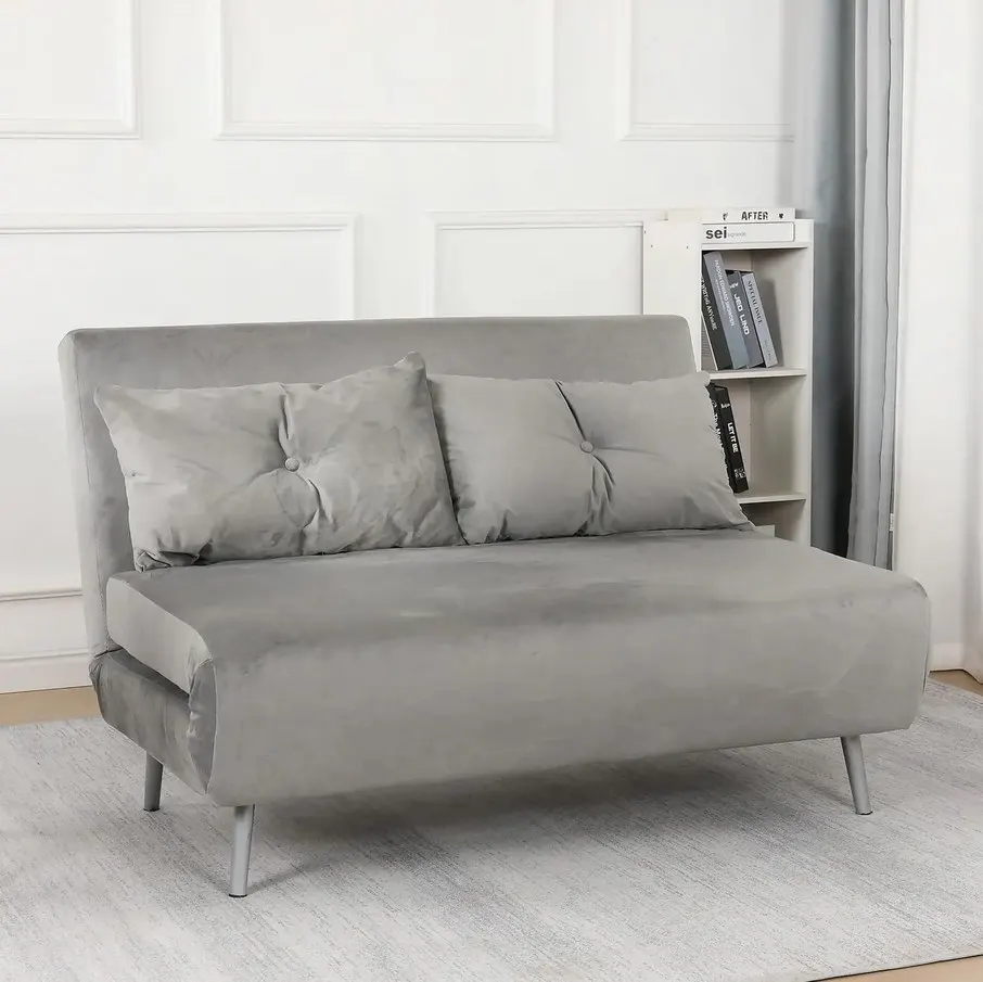 (148/P29) RRP £325. Freya Velvet Folding Sofa Bed Grey With Two Cushions. (Wooden Legs & 2x Cushion