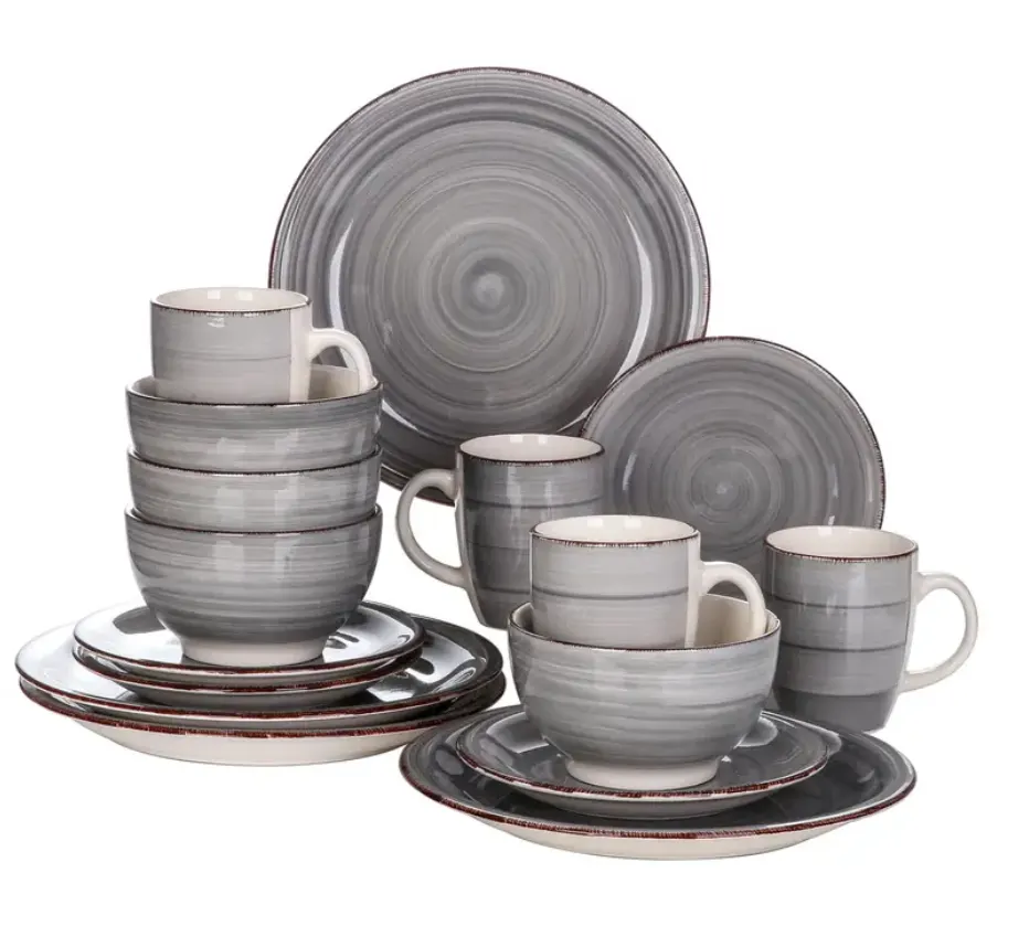 16-Piece Dinnerware Set Stoneware Plates, Bowls & Mugs, Service for 4, Grey, Microwave & Dishwasher