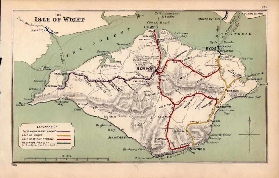 The Isle Of Wight Cowes Ryde Sandown Antique Railway Diagram -135.