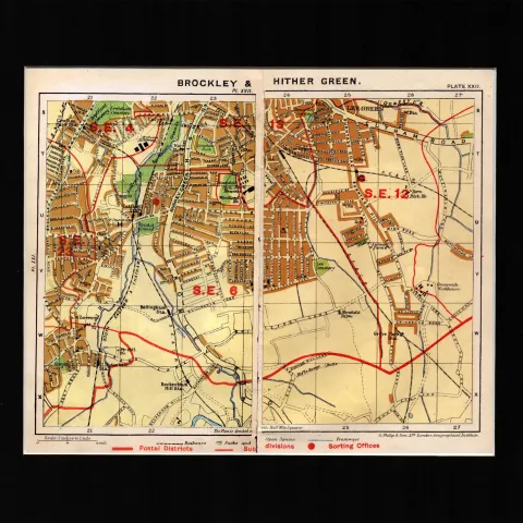 London District Brockley & Hither Green Mounted Antique George V Map.