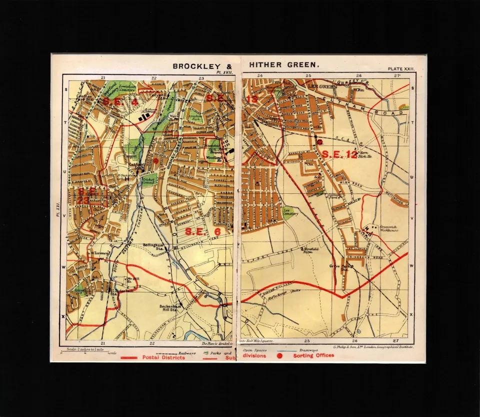 London District Brockley & Hither Green Mounted Antique George V Map.