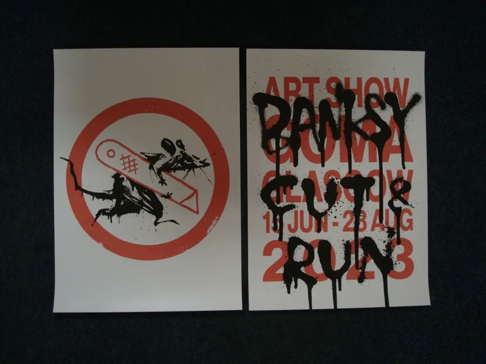 Banksy (b.1974)  2 Posters Cut & Run and Rat Run Rat from '25 Years Card labour’ Exhibition GOMA 23