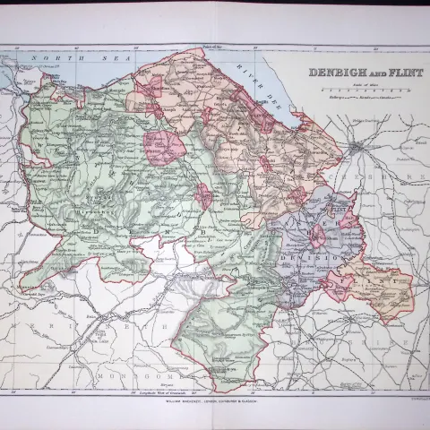 Wales Denbigh & Flint Detailed 1894 Coloured Antique  130 Years-Old Map.