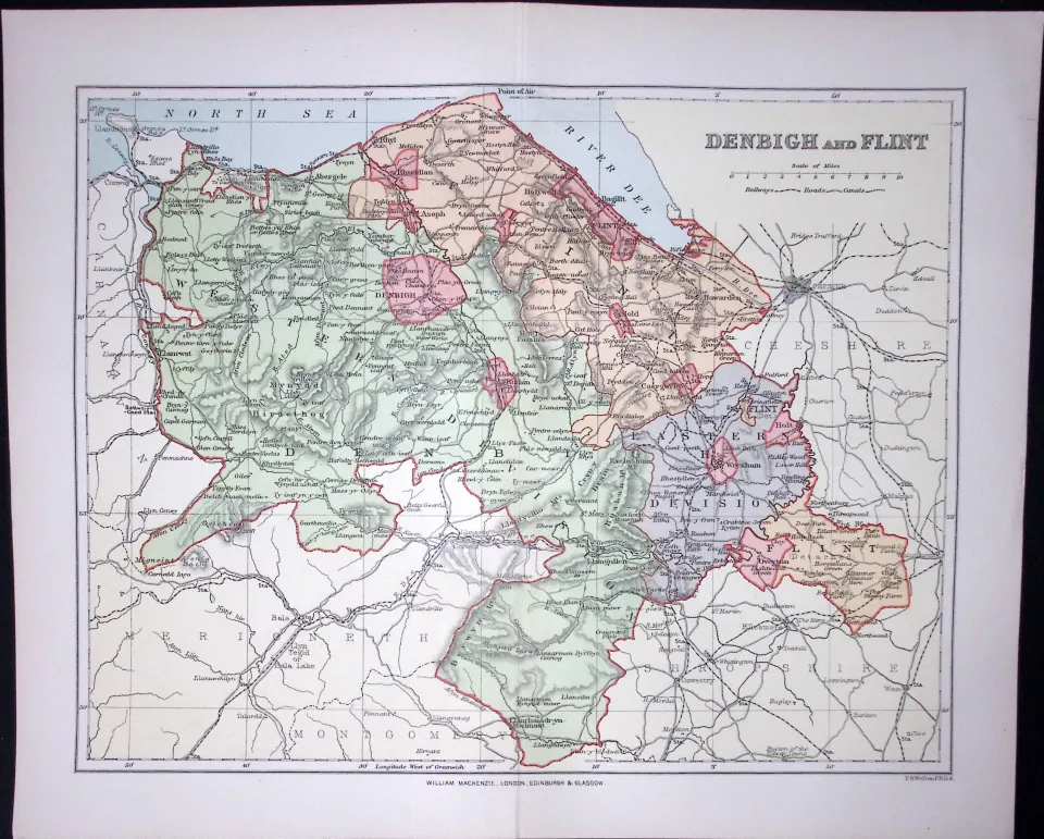 Wales Denbigh & Flint Detailed 1894 Coloured Antique  130 Years-Old Map.