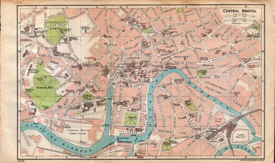 Central Bristol Road & Steet Plan Coloured Vintage 1924 Map.