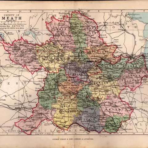 County Of Meath Ireland Antique Detailed Coloured Victorian Map.