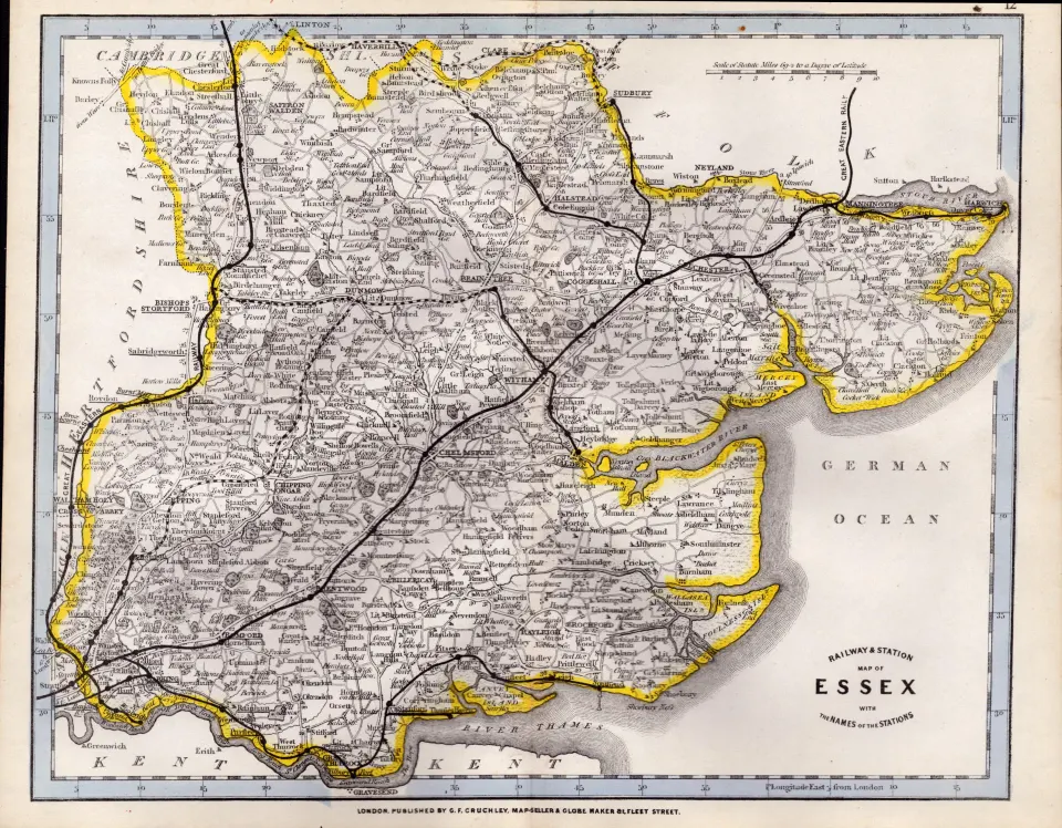County Essex Cruchley Scarce Antique Railways & Stations Coloured Map.
