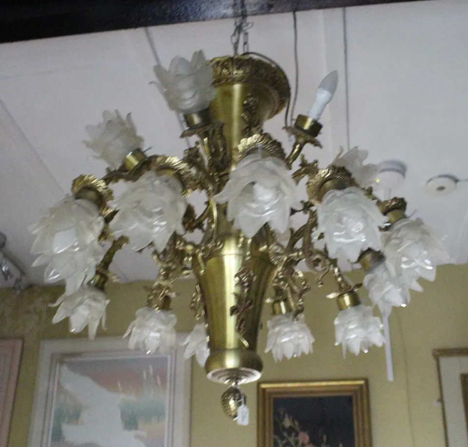 Vintage 18 Light French Brass Chandelier with Glass Shades