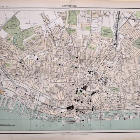 Victorian Antique 1897 Large Map Liverpool City Centre Street Plan.