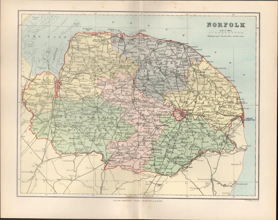 Norwich Great Yarmouth Cromer Kings Lynn Victorian Antique Map.