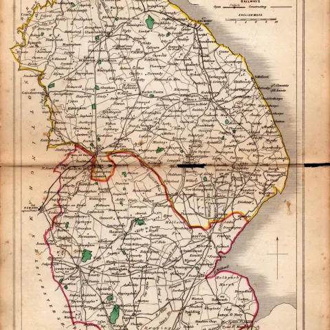 Antique Railway Map of Lincolnshire Drawn & Engraved by John Emslie.