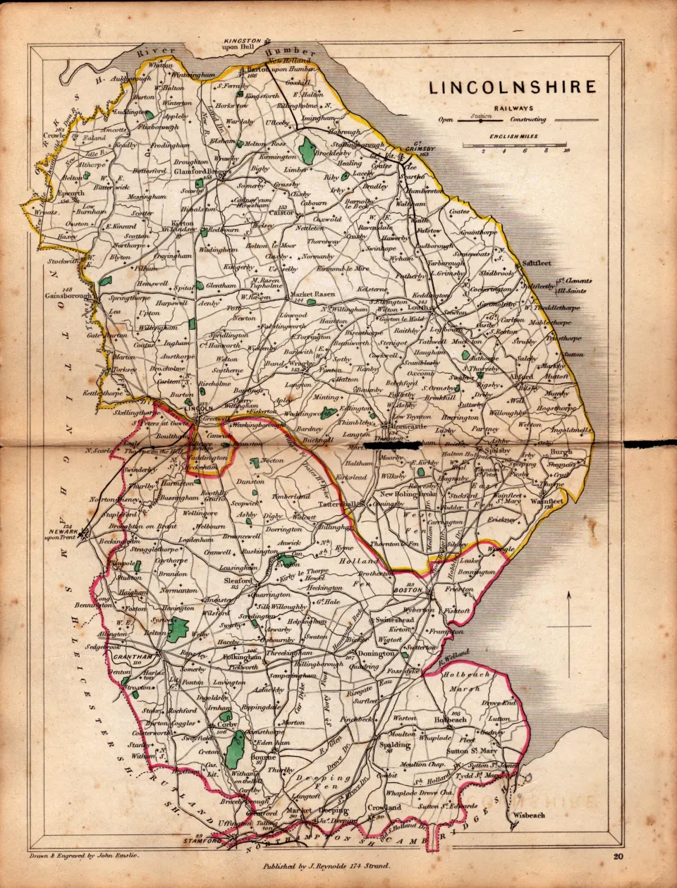 Antique Railway Map of Lincolnshire Drawn & Engraved by John Emslie.