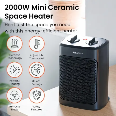 Pro Breeze 2000W Mini Ceramic Fan Heater - 3 Heat Settings RRP £44.99