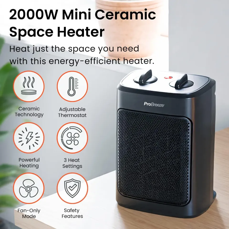 Pro Breeze 2000W Mini Ceramic Fan Heater - 3 Heat Settings RRP £44.99