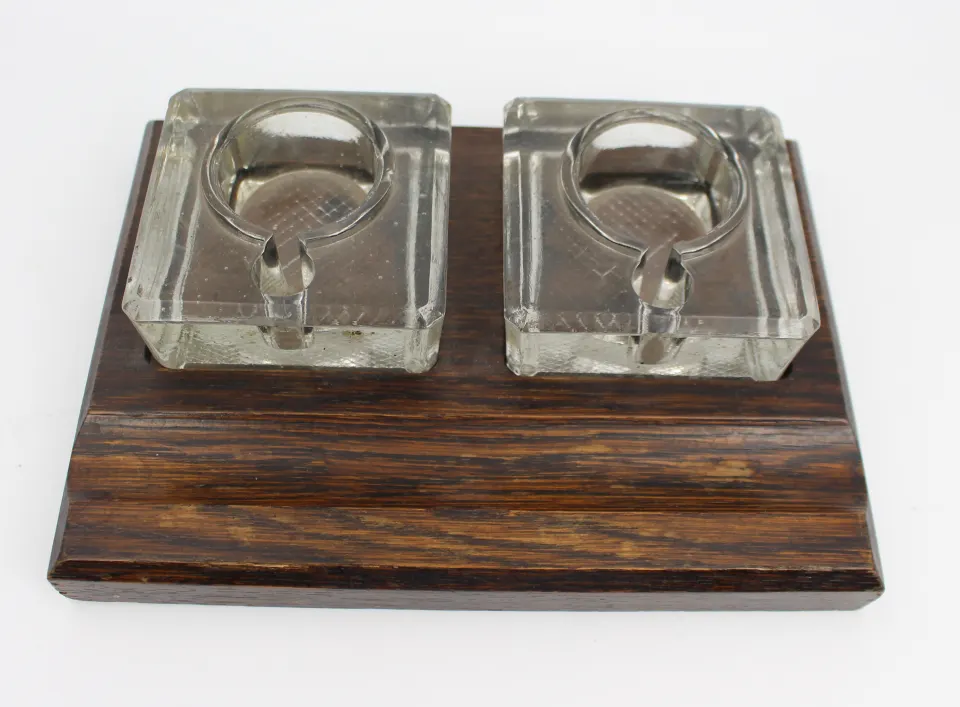 Early 20th Century Double Inkwell on Wooden Stand