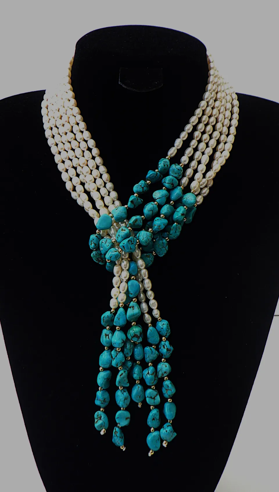 Three Strand, Long "Lariat" Necklace With Natural White Pearls and Turquoise Nuggets