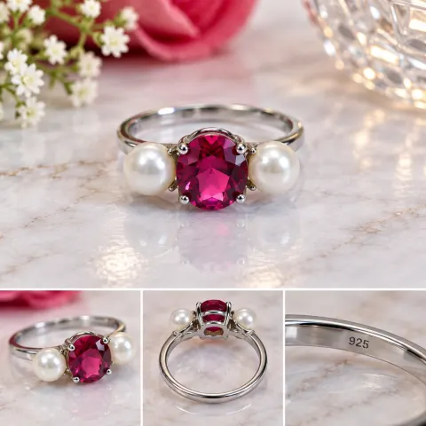 Silver Tone Ring with Red Gemstone and Pearl Accents