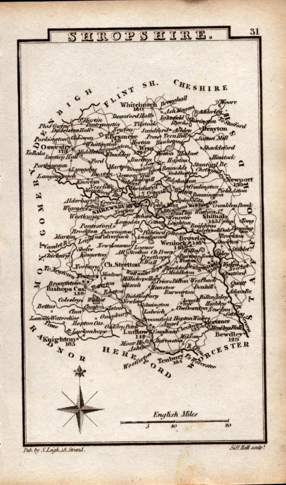 Shropshire Antique Copper Engraved George IV Map by Sidney Hall.