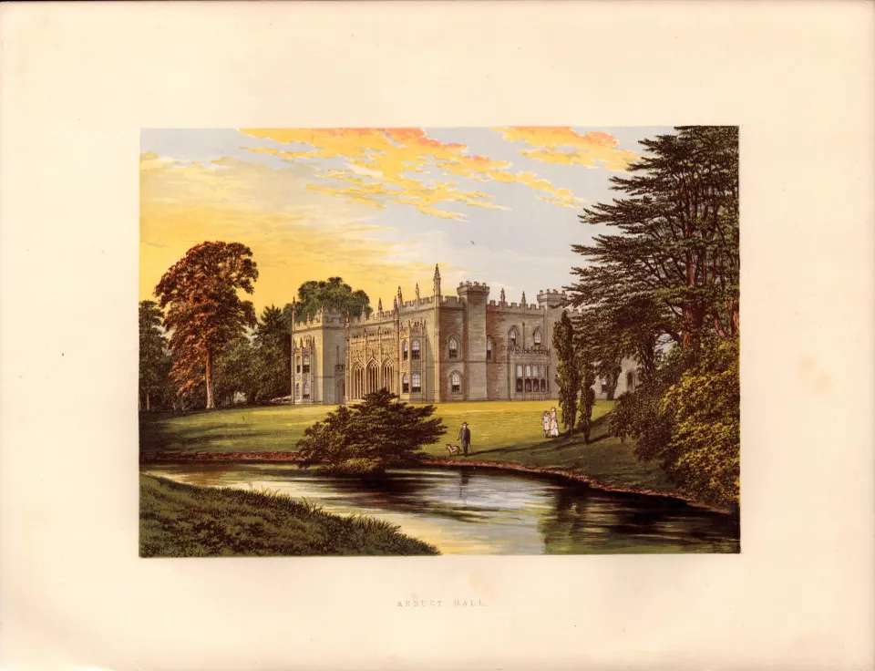 Arbury Hall Nuneaton Warkickshire Gilt-Edge Coloured Antique Book Plate.