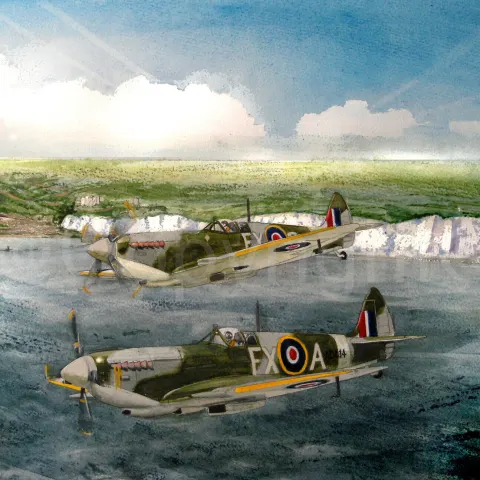 Pair of  WW2 RAF Spitfires  Flying Over The White Cliffs  Of Dover Metal Wall Art