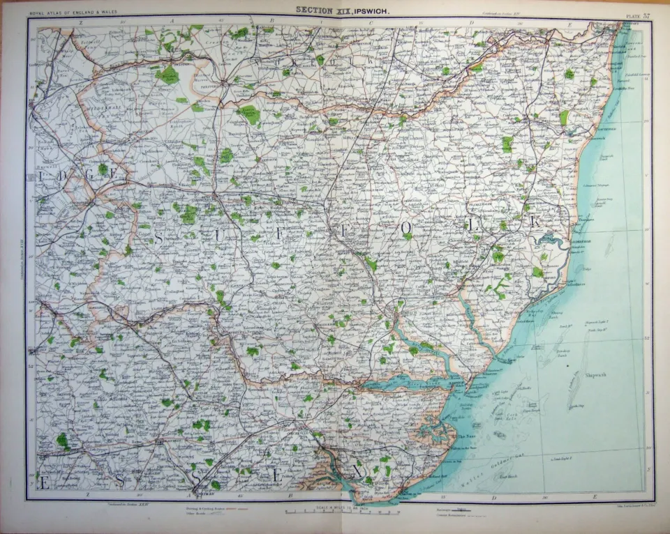 Victorian 1897 Map Suffolk & NE Essex Colchester Ipswich Harwich Felixstowe.