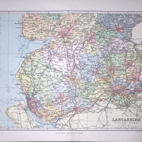 Lancashire Blackpool, Southport, Liverpool Etc 1894 Antique 130 Years-Old Map.