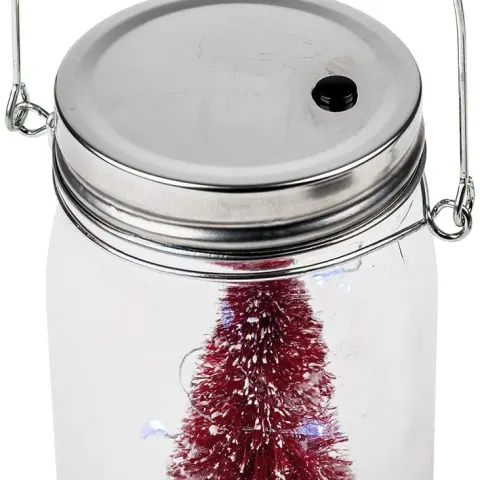 6 x HANGING GLASS JAR LED LIGHT-UP - RED CHRISTMAS TREE SNOW SCENE