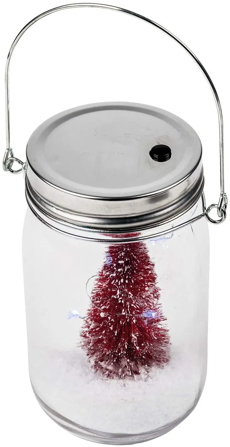 6 x HANGING GLASS JAR LED LIGHT-UP - RED CHRISTMAS TREE SNOW SCENE