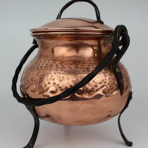 Antique French Copper & Wrought Iron Lidded Footed Pot