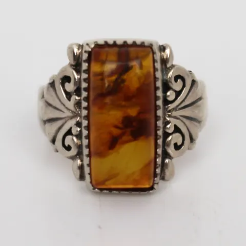 Rectangular Amber Set Silver Ring