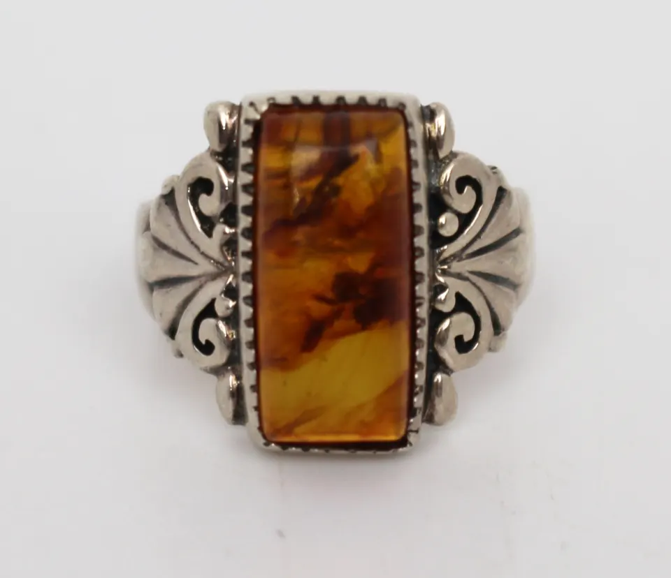 Rectangular Amber Set Silver Ring